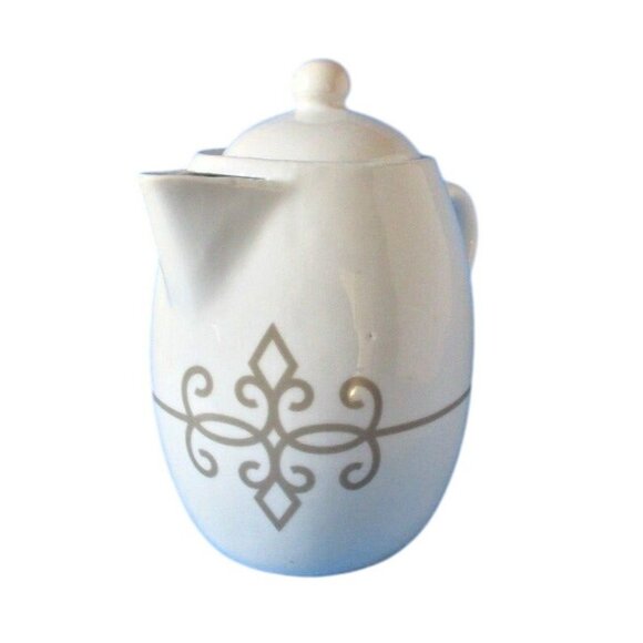 Vintage White Ceramic Coffee/Tea Pot With Lid & Gray Scroll Design 6-Cup Capacit - Picture 1 of 6